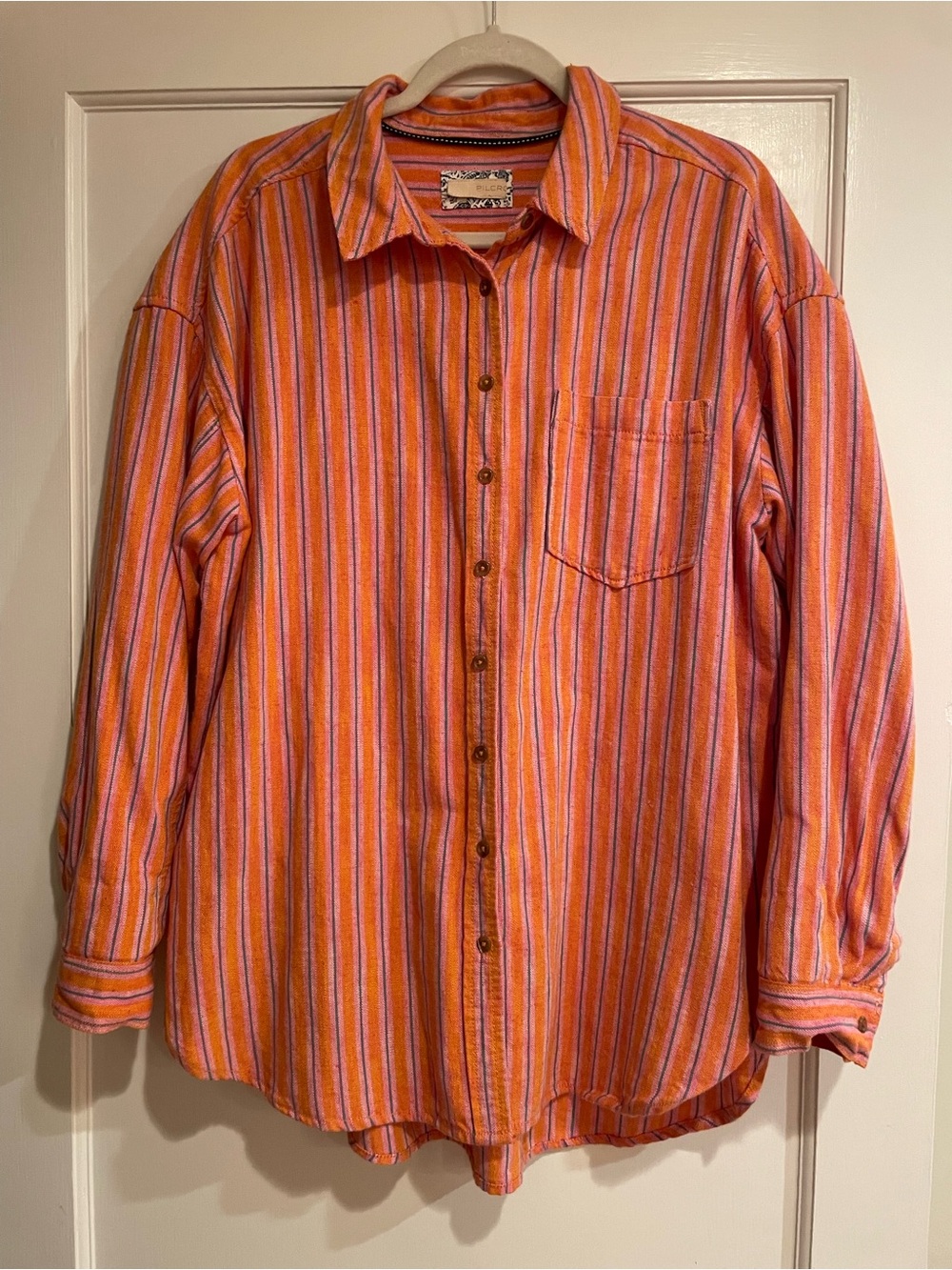 Anthropology pilcro Orange and Pink Striped Button-Up Blouse cotton linen